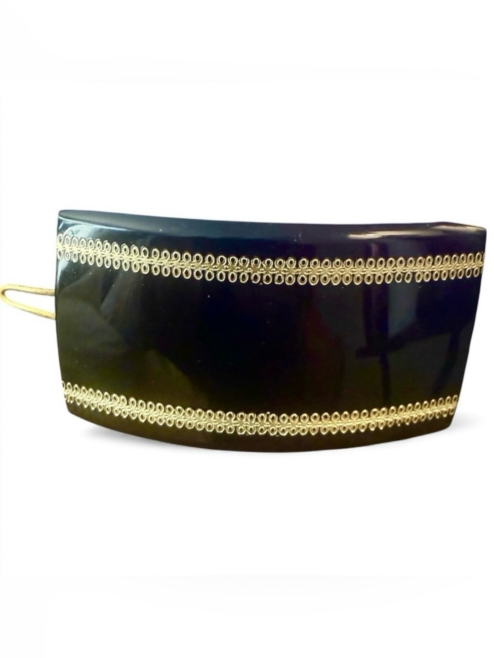 1950’s French Curved Hair Clip Barrette in Black & Gold, Wire Clasp, Unworn 2.5”